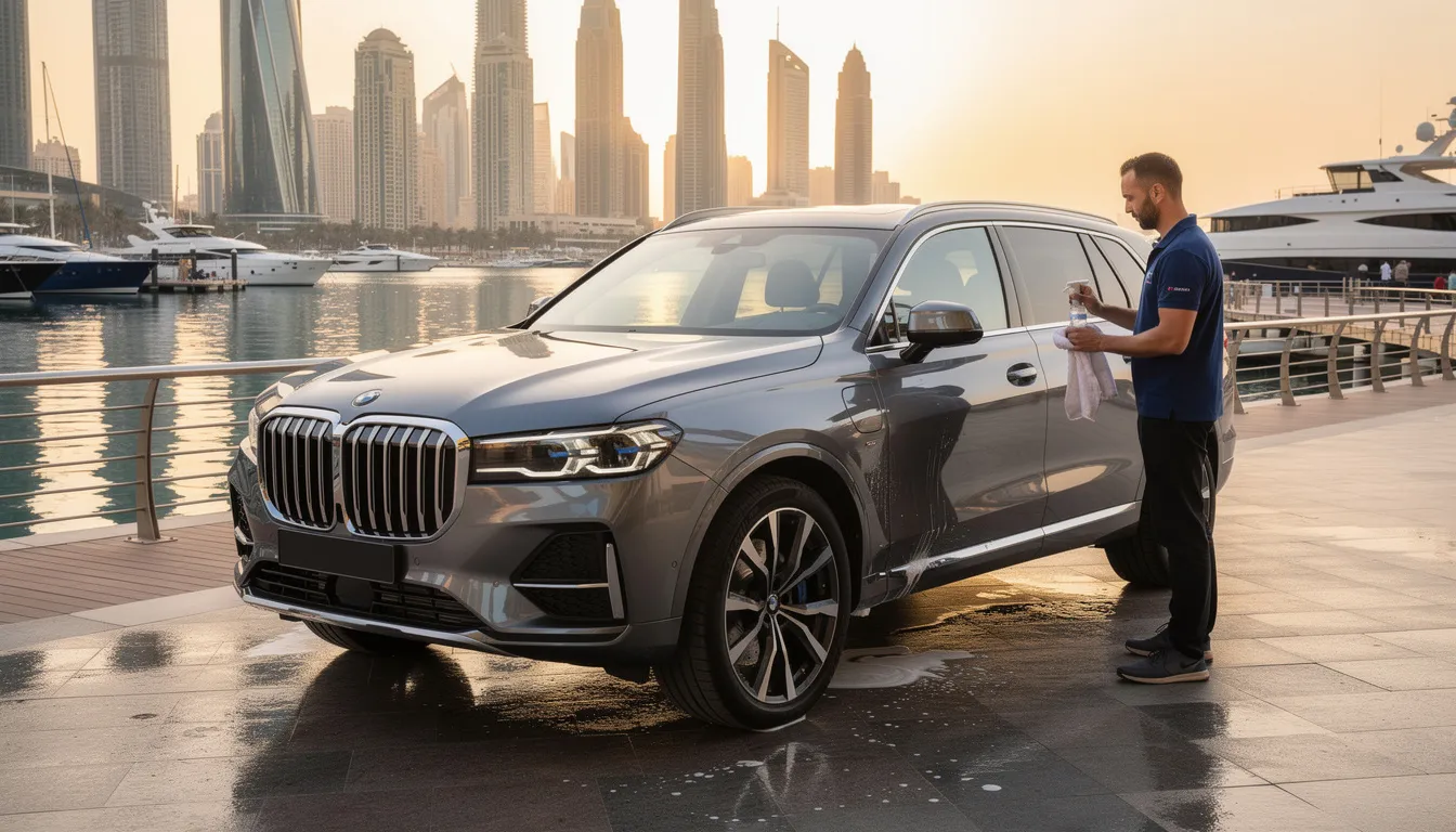 Best car cleaning service in Dubai with a view of the marina.