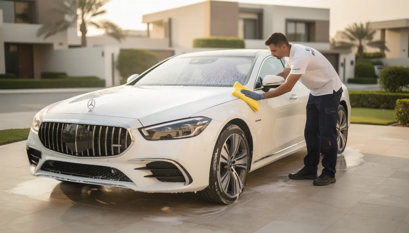 Professional car cleaning service at a Dubai residence.