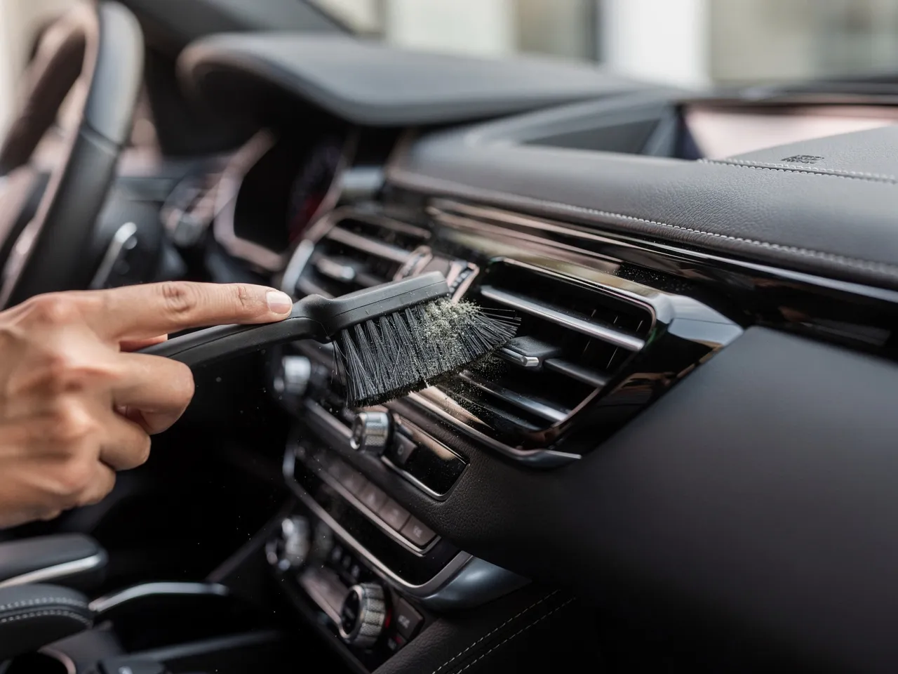 Detailed interior car cleaning with specialized tools.