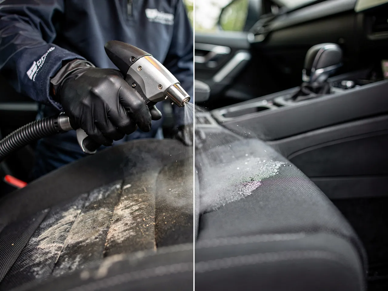 Steam cleaning car upholstery for deep hygiene.