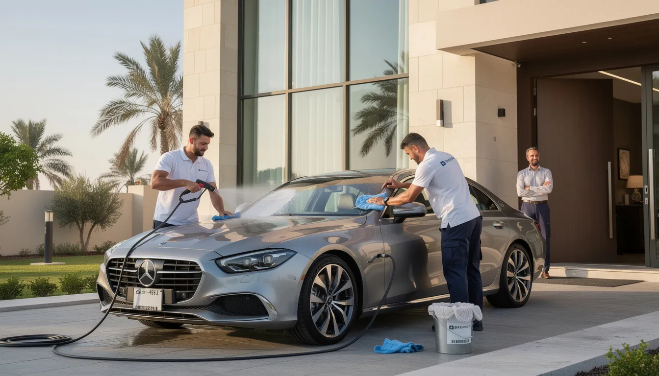 Doorstep car wash service in a Dubai neighborhood