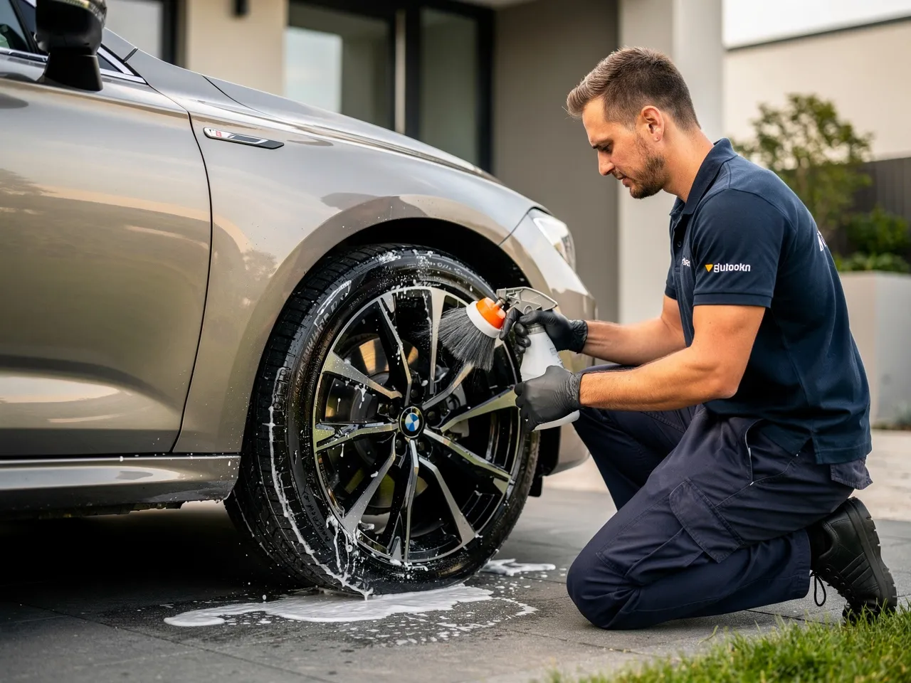 Professional wheel and tire cleaning at a doorstep car wash