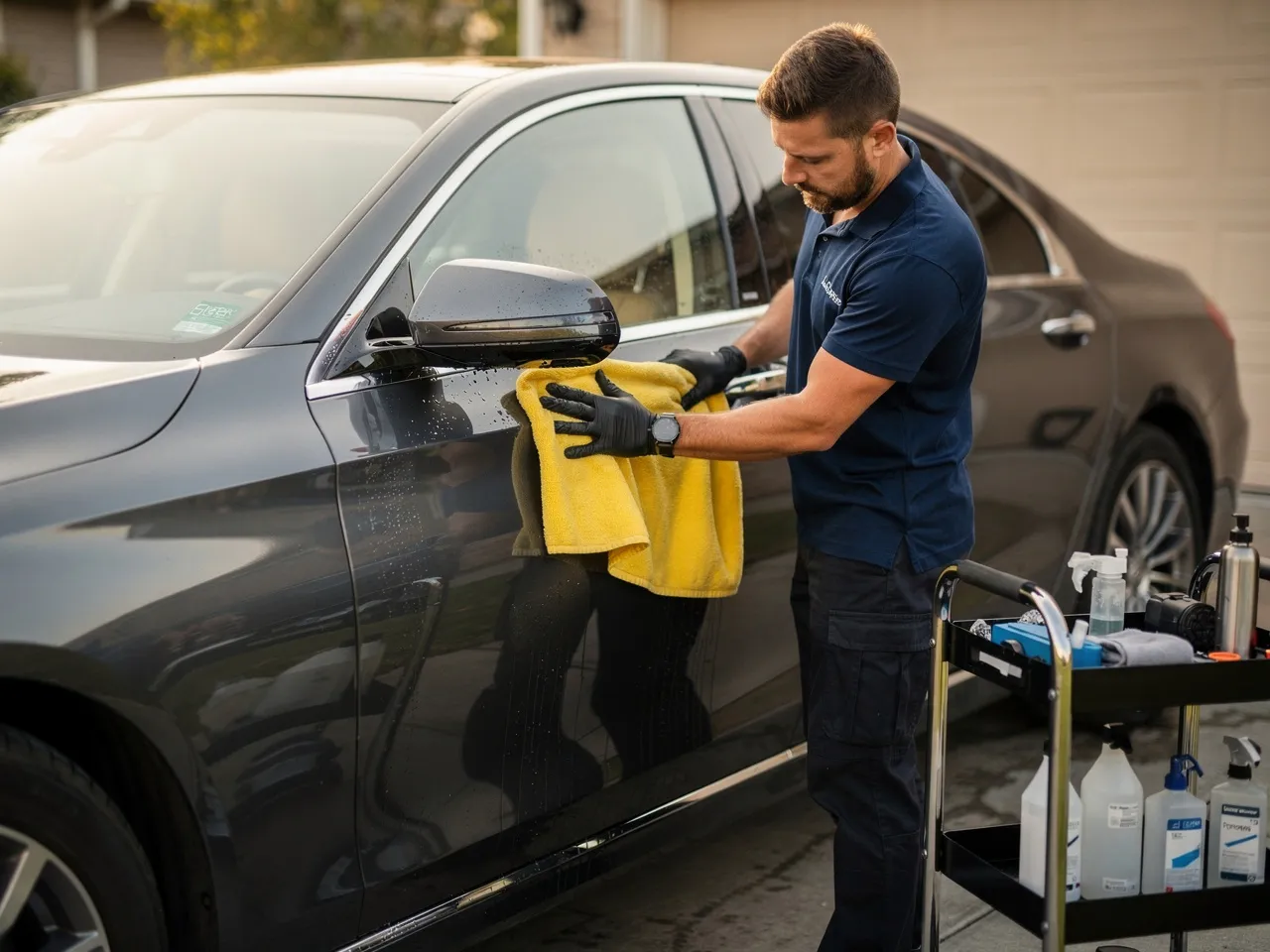 Detailing a car's exterior during a mobile wash