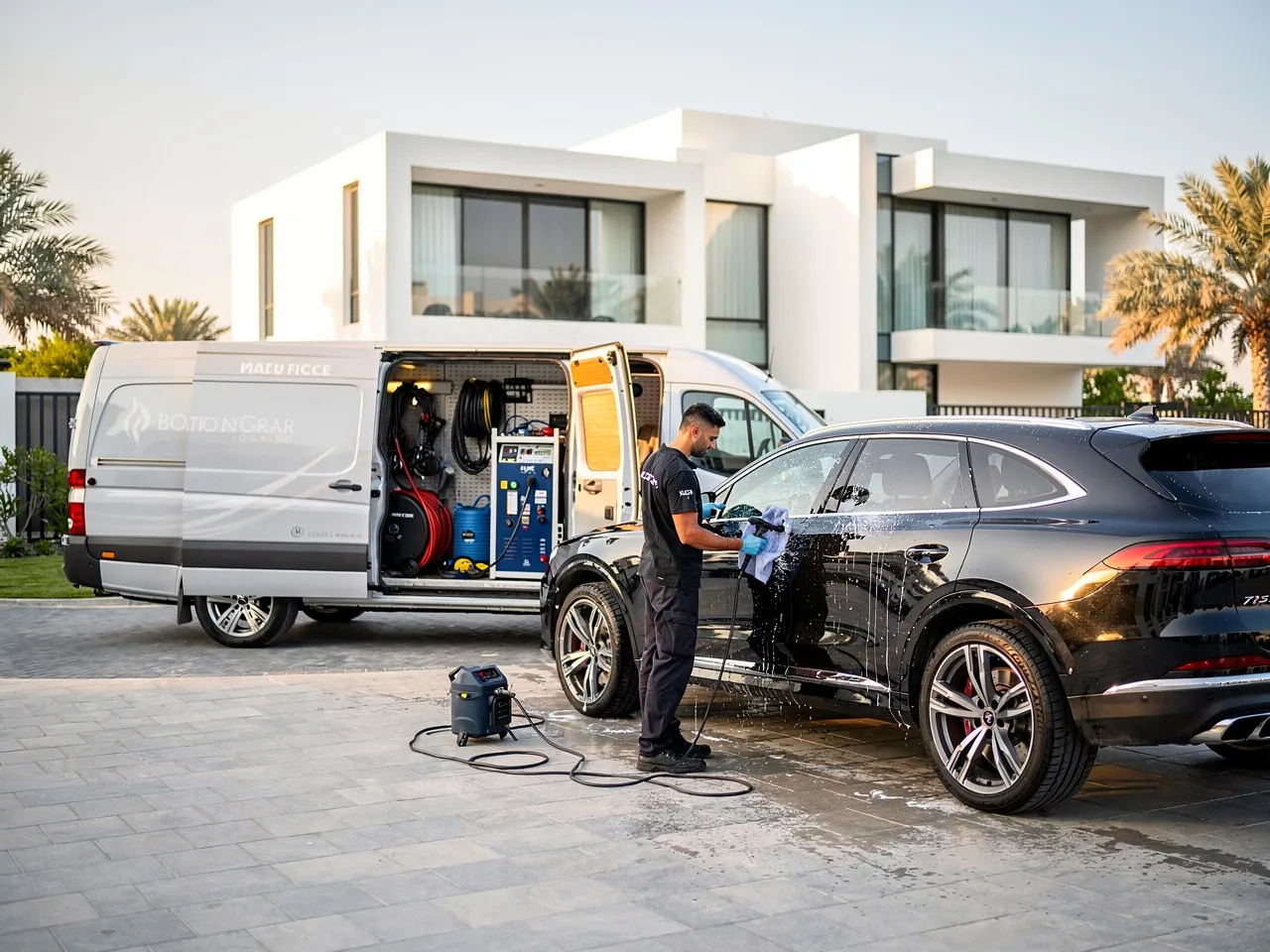 Convenient mobile car wash service at a Dubai residence
