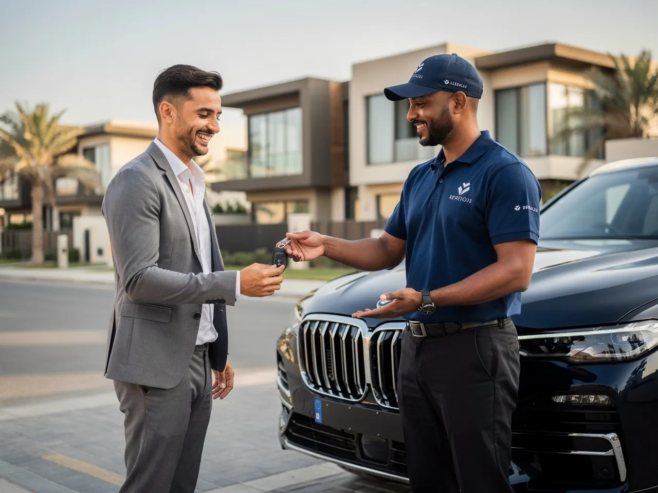 Mobile car cleaning technician serving a satisfied customer in Dubai